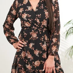 Cloud5ive Damen Chiffon-Kleid Wickeloptik Mit V-Neck Und Flower Print Schwarz Beige