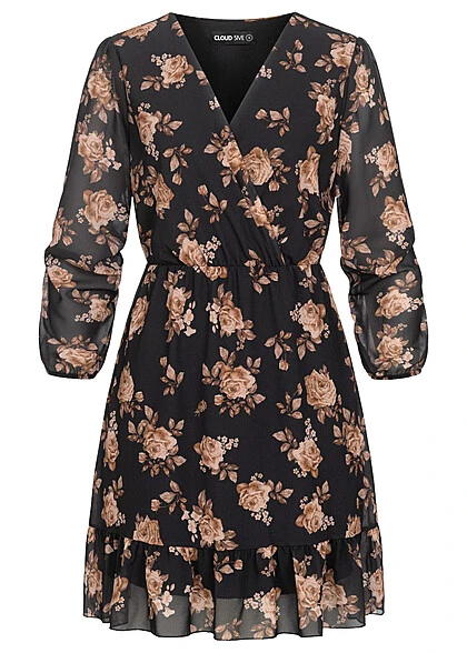 Cloud5ive Damen Chiffon-Kleid Wickeloptik Mit V-Neck Und Flower Print Schwarz Beige 4 Cloud5ive Damen Chiffon-Kleid Wickeloptik Mit V-Neck Und Flower Print Schwarz Beige – Bild 2