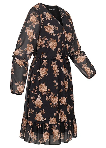 Cloud5ive Damen Chiffon-Kleid Wickeloptik Mit V-Neck Und Flower Print Schwarz Beige 5 Cloud5ive Damen Chiffon-Kleid Wickeloptik Mit V-Neck Und Flower Print Schwarz Beige – Bild 3