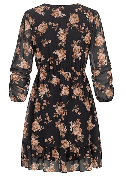 Cloud5ive Damen Chiffon-Kleid Wickeloptik Mit V-Neck Und Flower Print Schwarz Beige 6 Cloud5ive Damen Chiffon-Kleid Wickeloptik Mit V-Neck Und Flower Print Schwarz Beige – Bild 4