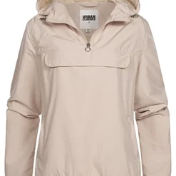 Urban Classics Damen Pull Over Jacke Windbreaker Kapuze Deko Tasche Vorn Softseagrass Beige
