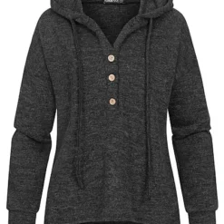 Cloud5ive Damen Hoodie Mit Knopfleiste Und Tunnelzug Dunkel Grau Melange