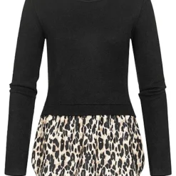 Cloud5ive Damen 2in1 Chiffon Top Longsleeve Mit Leoprint Schwarz Beige