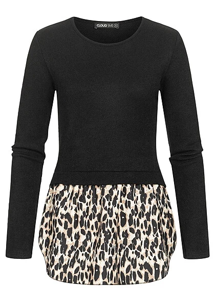 Cloud5ive Damen 2in1 Chiffon Top Longsleeve Mit Leoprint Schwarz Beige 3 Cloud5ive Damen 2in1 Chiffon Top Longsleeve Mit Leoprint Schwarz Beige