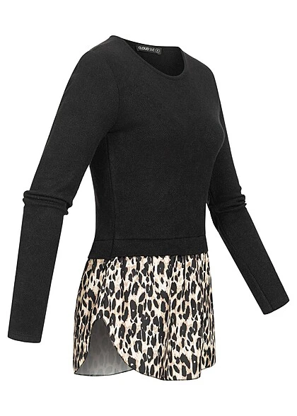 Cloud5ive Damen 2in1 Chiffon Top Longsleeve Mit Leoprint Schwarz Beige 4 Cloud5ive Damen 2in1 Chiffon Top Longsleeve Mit Leoprint Schwarz Beige – Bild 2