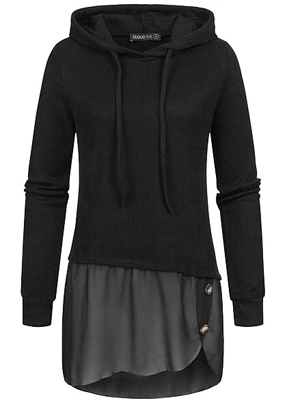 Cloud5ive Damen Chiffon Hoodie Mit Asym. Saum Und Dekoknöpfen Schwarz 3 Cloud5ive Damen Chiffon Hoodie Mit Asym. Saum Und Dekoknöpfen Schwarz