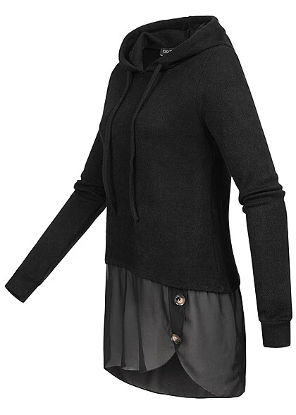 Cloud5ive Damen Chiffon Hoodie Mit Asym. Saum Und Dekoknöpfen Schwarz 4 Cloud5ive Damen Chiffon Hoodie Mit Asym. Saum Und Dekoknöpfen Schwarz – Bild 2