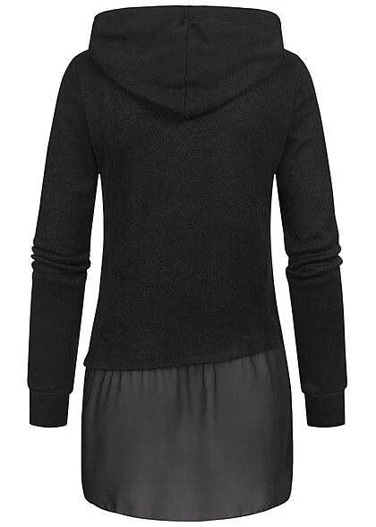 Cloud5ive Damen Chiffon Hoodie Mit Asym. Saum Und Dekoknöpfen Schwarz 5 Cloud5ive Damen Chiffon Hoodie Mit Asym. Saum Und Dekoknöpfen Schwarz – Bild 3
