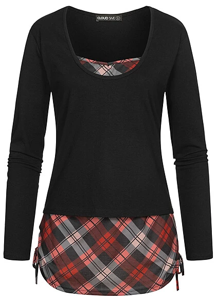 Cloud5ive Damen 2in1 Langarm Top Longsleeve Mit Karomuster Und Seitl. Gerafft Schwarz 3 Cloud5ive Damen 2in1 Langarm Top Longsleeve Mit Karomuster Und Seitl. Gerafft Schwarz