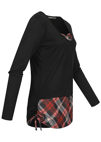 Cloud5ive Damen 2in1 Langarm Top Longsleeve Mit Karomuster Und Seitl. Gerafft Schwarz 4 Cloud5ive Damen 2in1 Langarm Top Longsleeve Mit Karomuster Und Seitl. Gerafft Schwarz – Bild 2