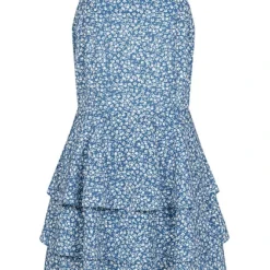 Aiki Damen Sommerkleid Mit Stufen Und Zipper Hinten Blumen Print Blau Weiss