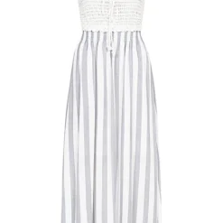 Aiki Damen Viskose Kleid Mit Häkelbesatz Und Bindedetail Gestreift Weiss Blau