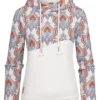 Aiki Damen Hoodie Mit 2-Tone Design Und Tunnelzug Ethnic Print Weiss Beige