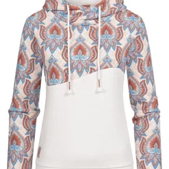 Aiki Damen Hoodie Mit 2-Tone Design Und Tunnelzug Ethnic Print Weiss Beige