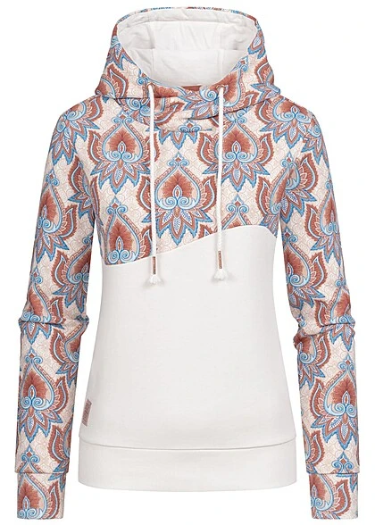 Aiki Damen Hoodie Mit 2-Tone Design Und Tunnelzug Ethnic Print Weiss Beige 3 Aiki Damen Hoodie Mit 2-Tone Design Und Tunnelzug Ethnic Print Weiss Beige