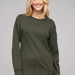 Cloud5ive Damen Pullover 2in1 Look Sweater M. Rundhals Military Grün Weiss