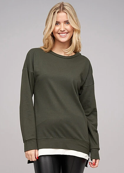 Cloud5ive Damen Pullover 2in1 Look Sweater M. Rundhals Military Grün Weiss 3 Cloud5ive Damen Pullover 2in1 Look Sweater M. Rundhals Military Grün Weiss