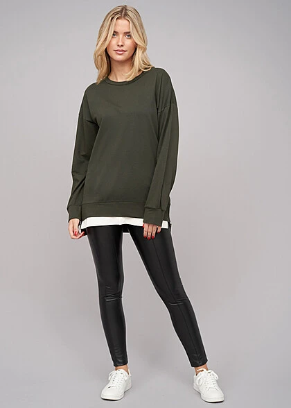 Cloud5ive Damen Pullover 2in1 Look Sweater M. Rundhals Military Grün Weiss 5 Cloud5ive Damen Pullover 2in1 Look Sweater M. Rundhals Military Grün Weiss – Bild 3