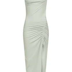 Aiki Damen Abendkleid Mit Rafffung Und Schlitz Seitlich Strukturstoff Jade Grün