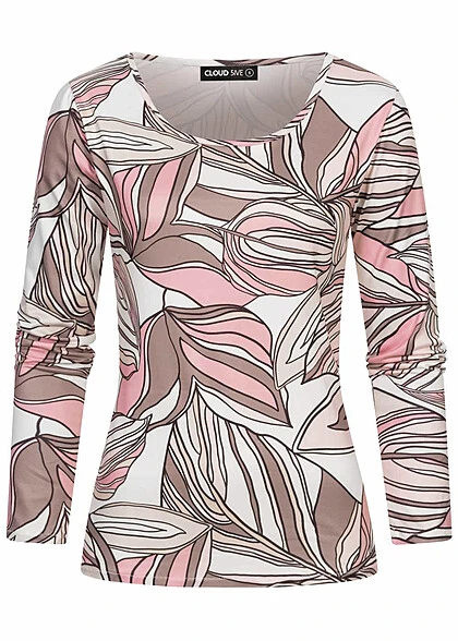 Cloud5ive Damen Longsleeve Langarm Top Mit Blätter Print Rosa 3 Cloud5ive Damen Longsleeve Langarm Top Mit Blätter Print Rosa