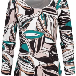 Cloud5ive Damen Longsleeve Langarm Top Mit Blätter Print Schwarz