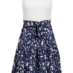 Cloud5ive Damen 2-Tone Kleid Mit Stufen Und Bindegürtel Ornament Print Blau Weiss