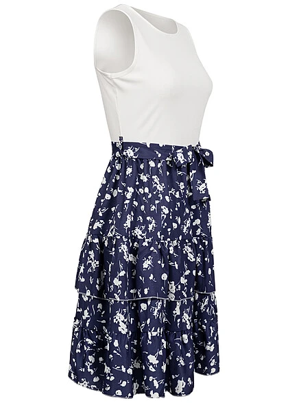 Cloud5ive Damen 2-Tone Kleid Mit Stufen Und Bindegürtel Ornament Print Blau Weiss 4 Cloud5ive Damen 2-Tone Kleid Mit Stufen Und Bindegürtel Ornament Print Blau Weiss – Bild 2