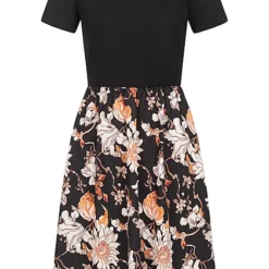 Cloud5ive Damen T-Shirt-Kleid 2-Tone Mit Blumenprint Schwarz Multicolor
