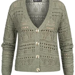 Cloud5ive Damen Strickjacke Cardigan Mit Lochstrickmuster U. Knopfleiste Khaki