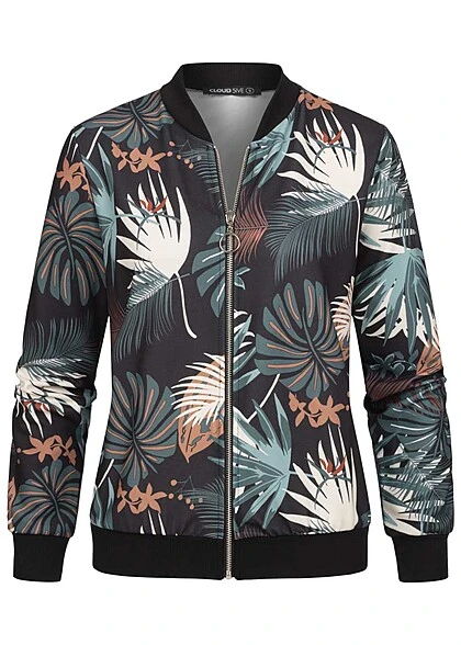 Cloud5ive Damen Blouson Bomberjacke Mit Tropical Print Schwarz 3 Cloud5ive Damen Blouson Bomberjacke Mit Tropical Print Schwarz