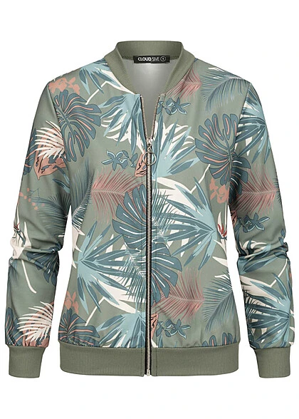 Cloud5ive Damen Blouson Bomberjacke Mit Tropical Print Military Grün 3 Cloud5ive Damen Blouson Bomberjacke Mit Tropical Print Military Grün