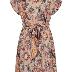 Cloud5ive Damen T-Shirt-Kleid M. Crepe Stoff Und Bindegürtel Paisley Print Weiss Rosa