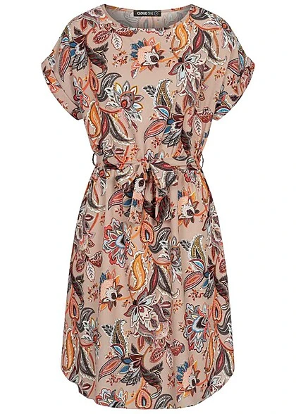 Cloud5ive Damen T-Shirt-Kleid M. Crepe Stoff Und Bindegürtel Paisley Print Weiss Rosa 3 Cloud5ive Damen T-Shirt-Kleid M. Crepe Stoff Und Bindegürtel Paisley Print Weiss Rosa