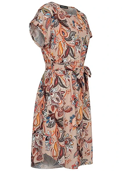 Cloud5ive Damen T-Shirt-Kleid M. Crepe Stoff Und Bindegürtel Paisley Print Weiss Rosa 4 Cloud5ive Damen T-Shirt-Kleid M. Crepe Stoff Und Bindegürtel Paisley Print Weiss Rosa – Bild 2