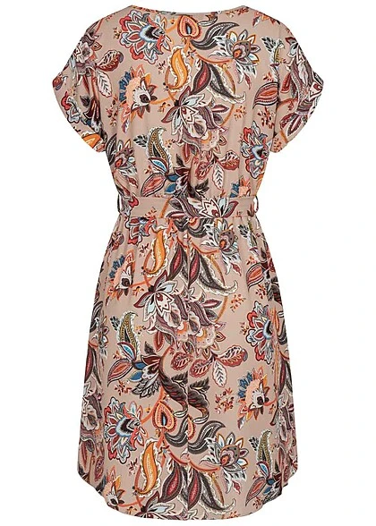 Cloud5ive Damen T-Shirt-Kleid M. Crepe Stoff Und Bindegürtel Paisley Print Weiss Rosa 5 Cloud5ive Damen T-Shirt-Kleid M. Crepe Stoff Und Bindegürtel Paisley Print Weiss Rosa – Bild 3