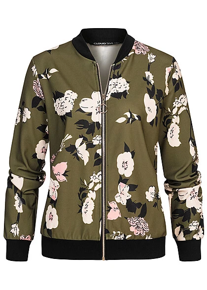 Cloud5ive Damen Bomberjacke Blouson Mit Blumenprint Military Grün 3 Cloud5ive Damen Bomberjacke Blouson Mit Blumenprint Military Grün
