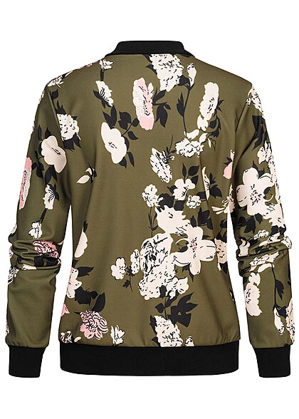 Cloud5ive Damen Bomberjacke Blouson Mit Blumenprint Military Grün 4 Cloud5ive Damen Bomberjacke Blouson Mit Blumenprint Military Grün – Bild 2