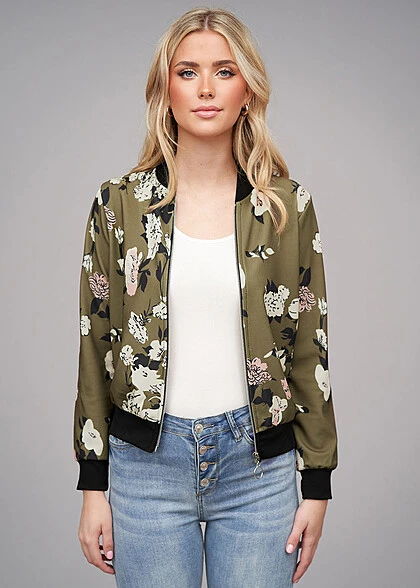Cloud5ive Damen Bomberjacke Blouson Mit Blumenprint Military Grün 5 Cloud5ive Damen Bomberjacke Blouson Mit Blumenprint Military Grün – Bild 3