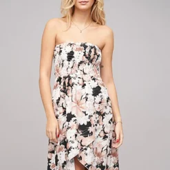 Cloud5ive Damen Bandeau Kleid In Wrap Look Und AOP Blumen Print Schwarz