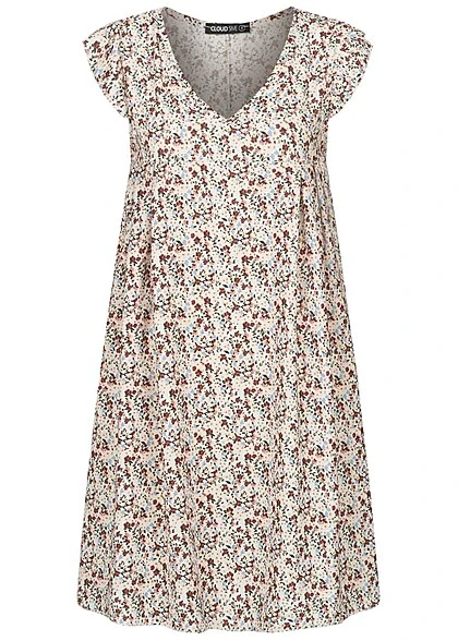 Cloud5ive Damen V-Neck Kleid Mit Flügelärmeln Ditsy Print Weiss Multicolor 4 Cloud5ive Damen V-Neck Kleid Mit Flügelärmeln Ditsy Print Weiss Multicolor – Bild 2