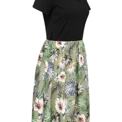 Cloud5ive Damen T-Shirt-Kleid 2-Tone Mit Gürtelschlaufen Botanical Print Schwarz Grün -Vero Moda Verkaufsgeschäft 23066119 1