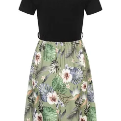 Cloud5ive Damen T-Shirt-Kleid 2-Tone Mit Gürtelschlaufen Botanical Print Schwarz Grün -Vero Moda Verkaufsgeschäft 23066119 2