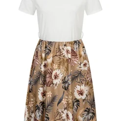Cloud5ive Damen T-Shirt-Kleid 2-Tone Mit Gürtelschlaufen Botanical Print Weiss Braun