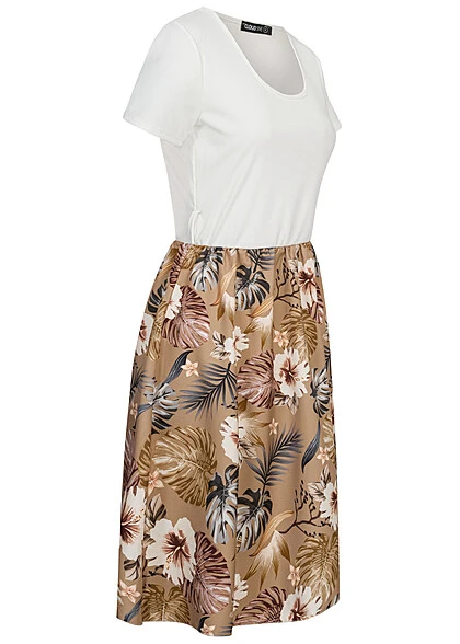 Cloud5ive Damen T-Shirt-Kleid 2-Tone Mit Gürtelschlaufen Botanical Print Weiss Braun 4 Cloud5ive Damen T-Shirt-Kleid 2-Tone Mit Gürtelschlaufen Botanical Print Weiss Braun – Bild 2