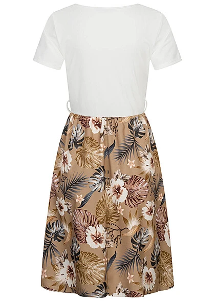 Cloud5ive Damen T-Shirt-Kleid 2-Tone Mit Gürtelschlaufen Botanical Print Weiss Braun 5 Cloud5ive Damen T-Shirt-Kleid 2-Tone Mit Gürtelschlaufen Botanical Print Weiss Braun – Bild 3