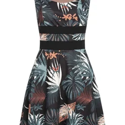Cloud5ive Damen Kurzes Mesh Kleid Mit Tropical Print Schwarz