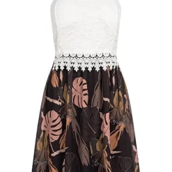 Cloud5ive Damen Spitzenkleid Mit Floral Print Mit Verst. Trägern Weiss Schwarz Rose