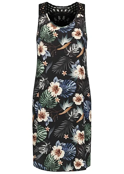 Cloud5ive Damen A-Linie Kleid Mit Häkeleinsatz Hinten AOP Tropical Schwarz 3 Cloud5ive Damen A-Linie Kleid Mit Häkeleinsatz Hinten AOP Tropical Schwarz