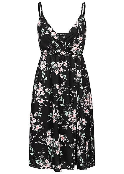 Cloud5ive Damen Träger Kleid Mit Seitlich. Schlitz Und Blumen Print Schwarz 3 Cloud5ive Damen Träger Kleid Mit Seitlich. Schlitz Und Blumen Print Schwarz