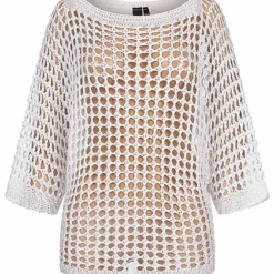 Victoria & Violet Damen 3/4 Arm Lochstrickmuster Sweater Weiss